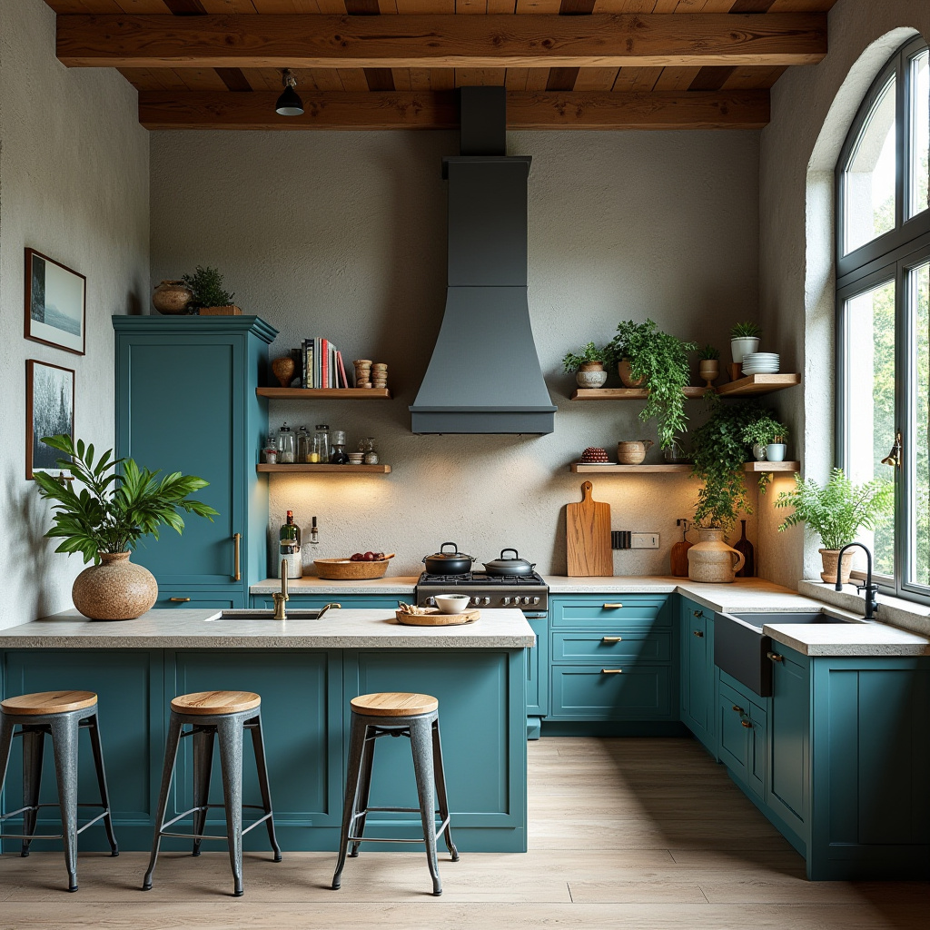 Rustic modern teal blue kitchen