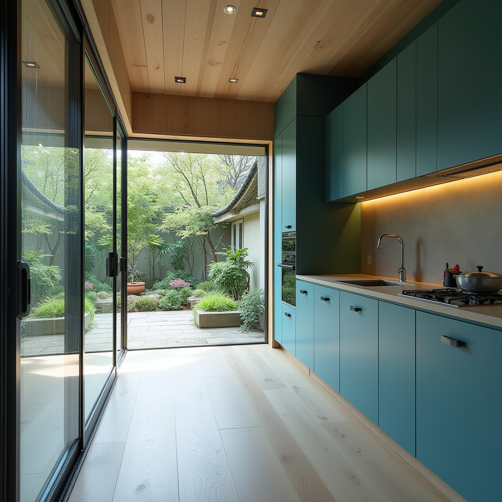 Minimalist Japanese inspired teal blue kitchen