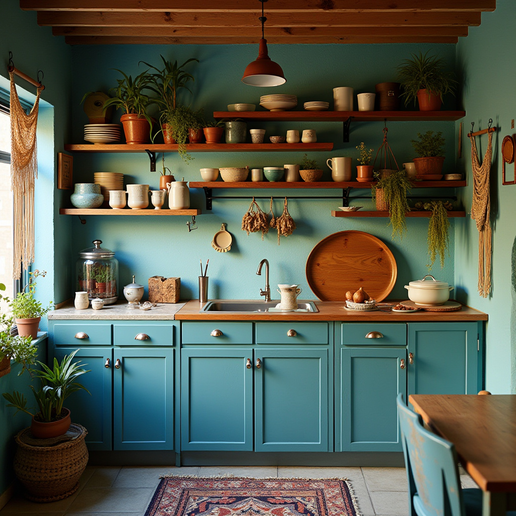 Bohemian teal blue kitchen