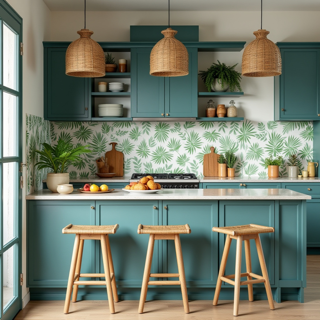 Tropical inspired teal blue kitchen