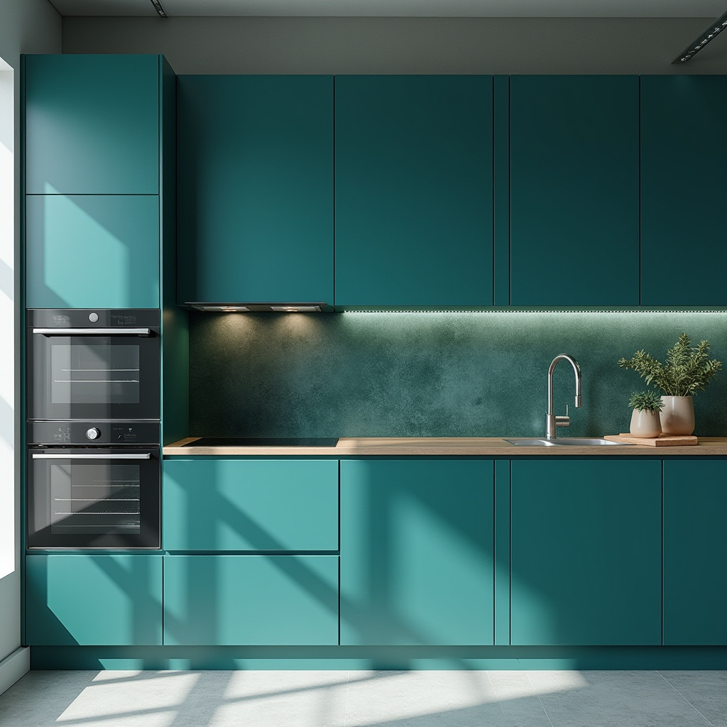 Monochromatic teal blue kitchen