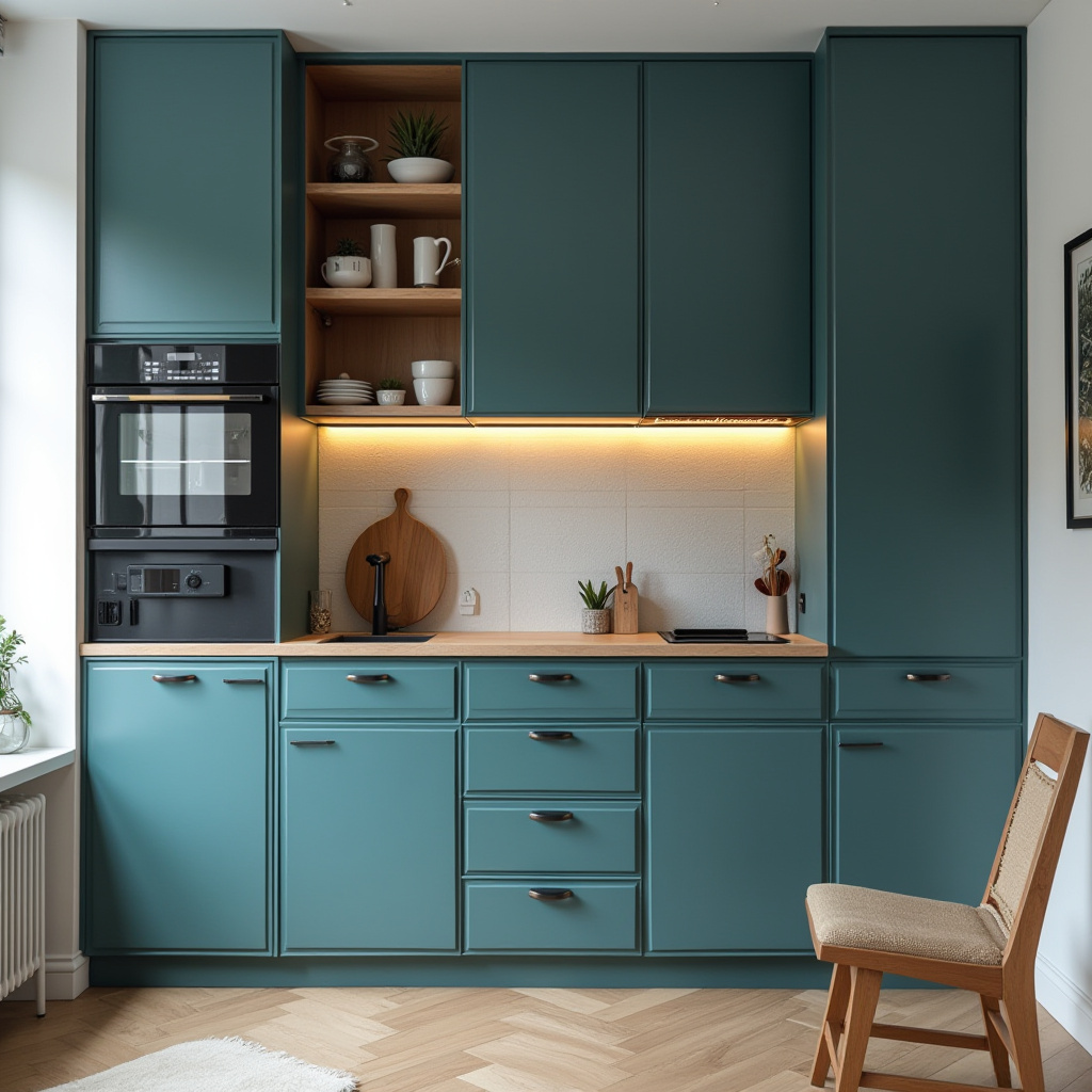 Small apartment teal blue kitchen
