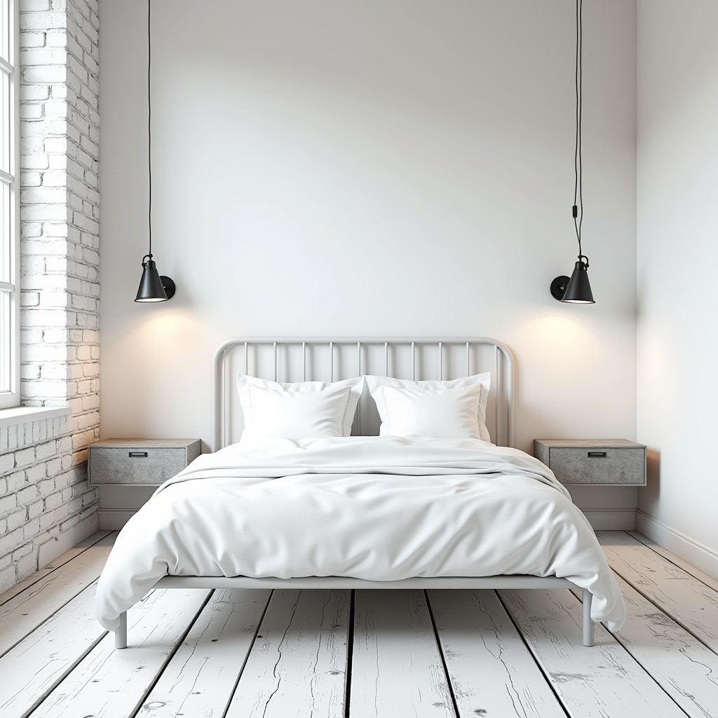 Industrial chic small white bedroom