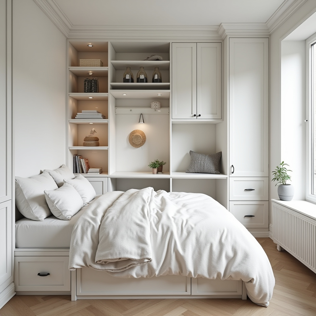 Smart storage in small white bedroom