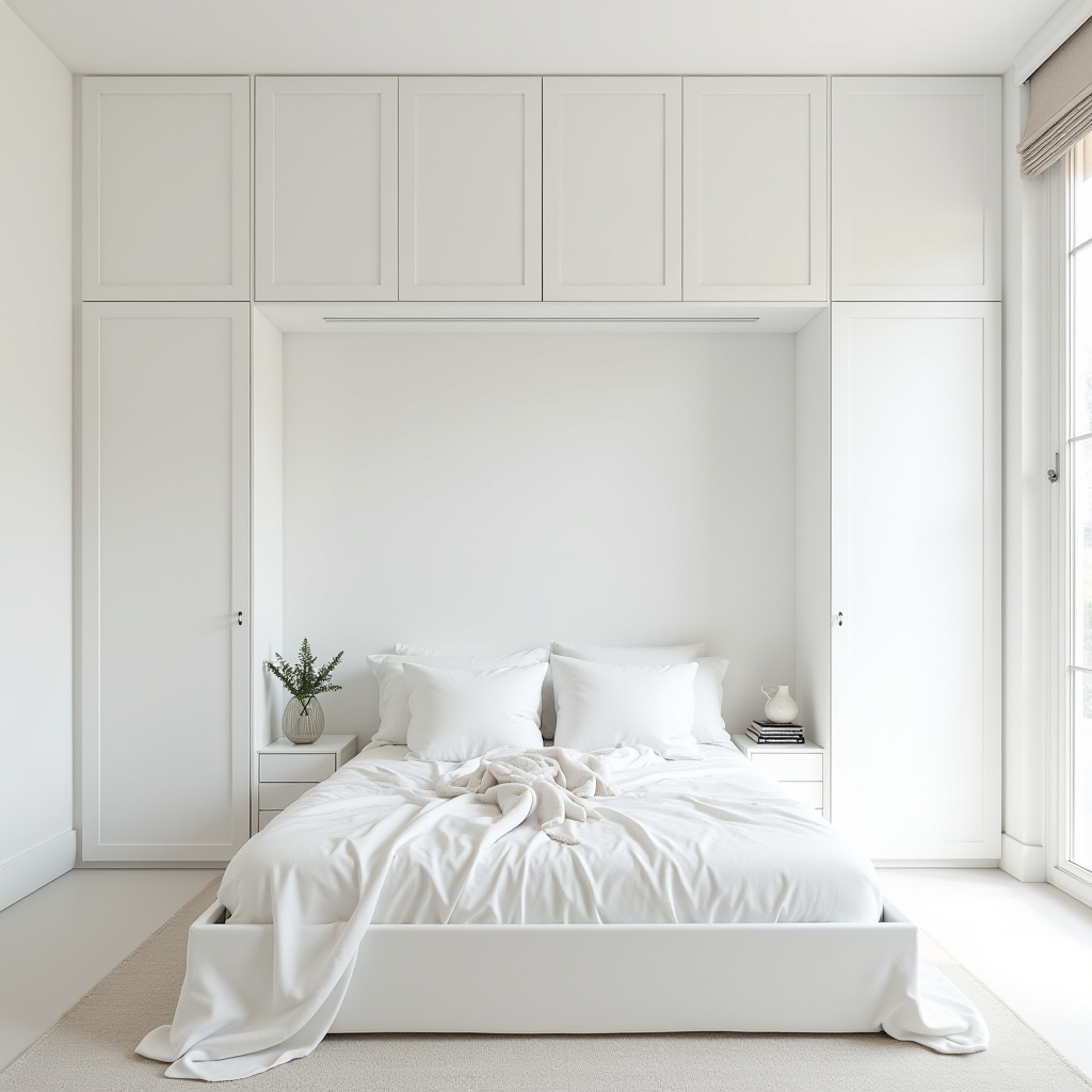 Hidden storage in small white bedroom