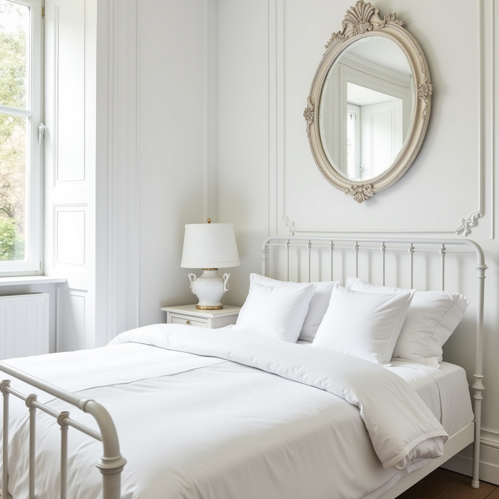Parisian minimalist small white bedroom