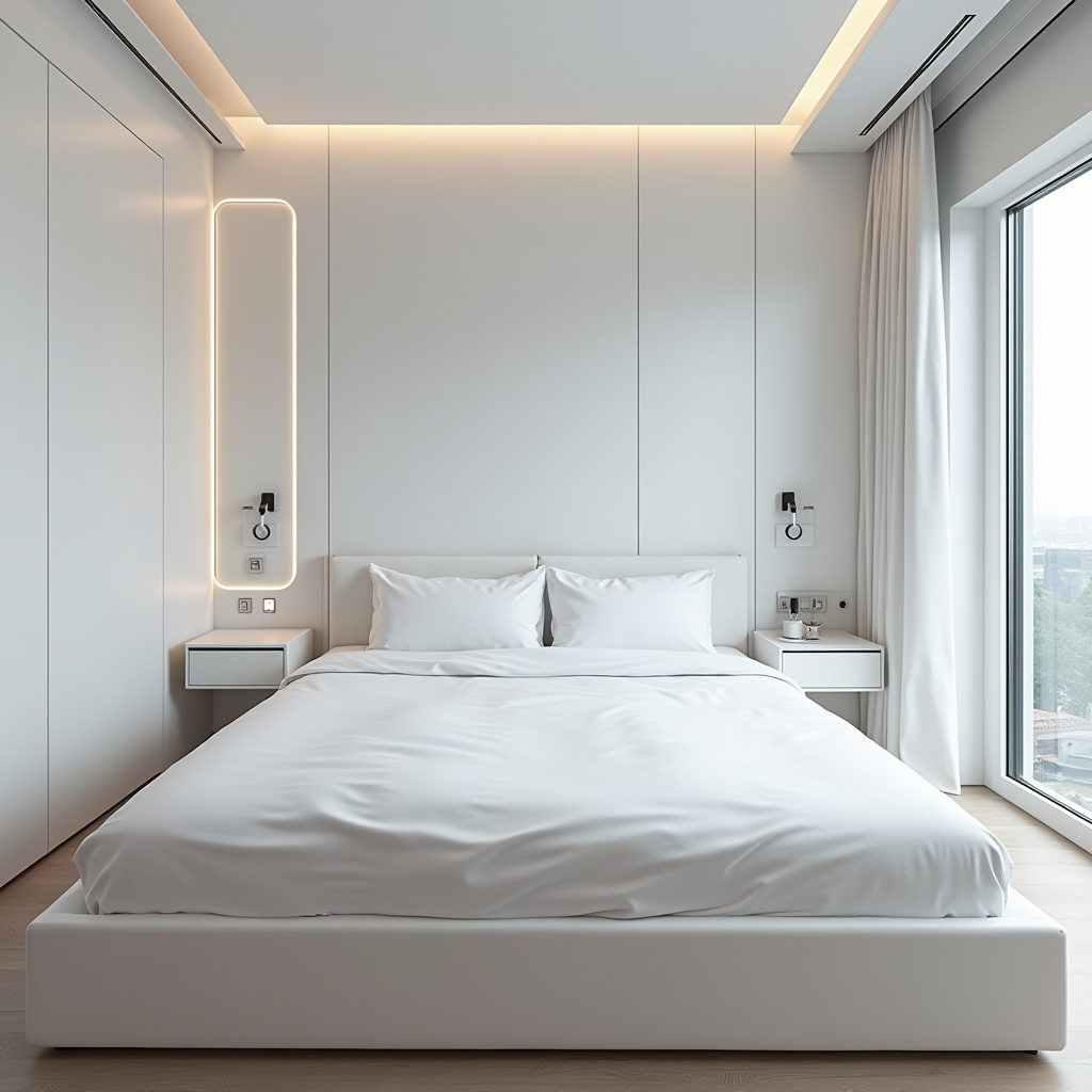 Tech-integrated small white bedroom