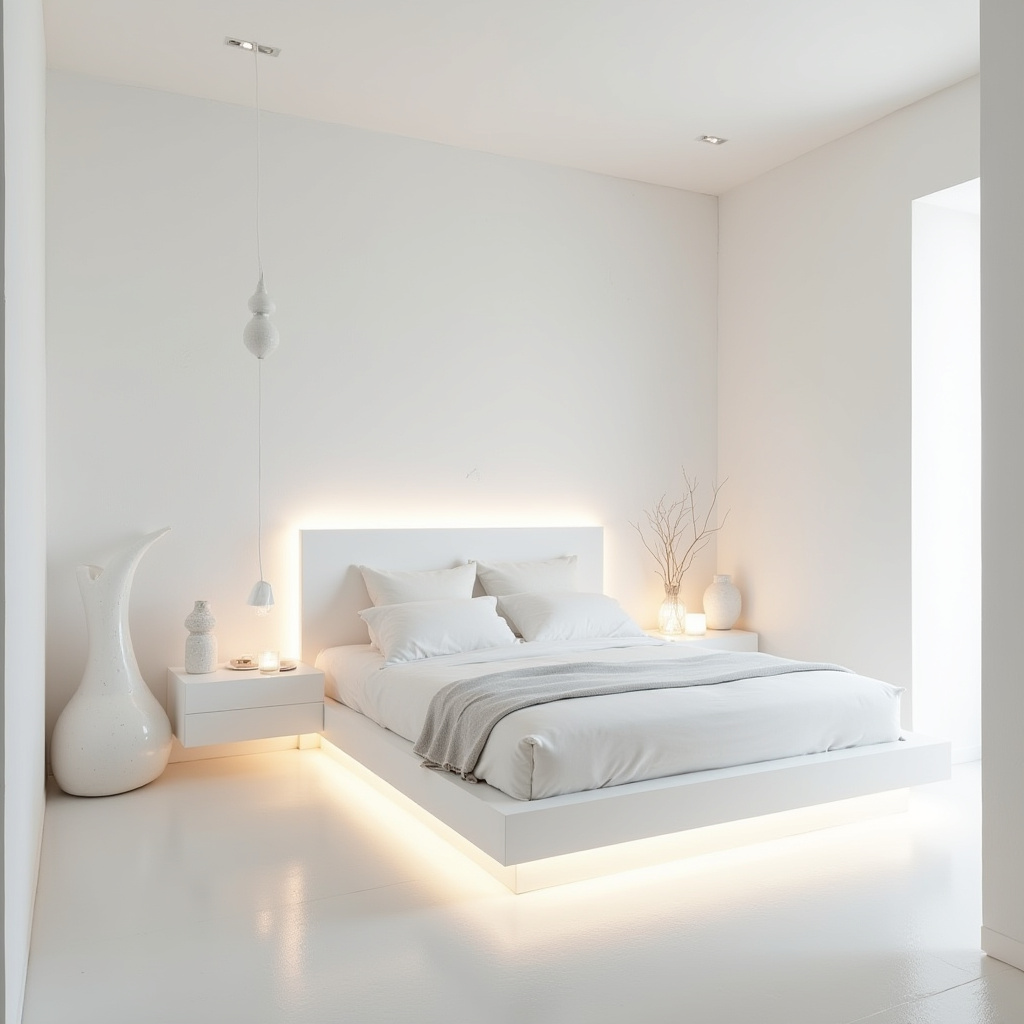 Artistic minimalist small white bedroom