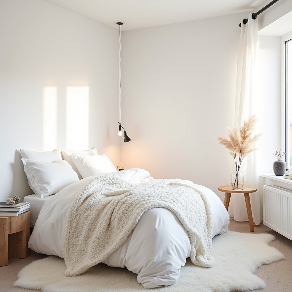 Nordic hygge small white bedroom
