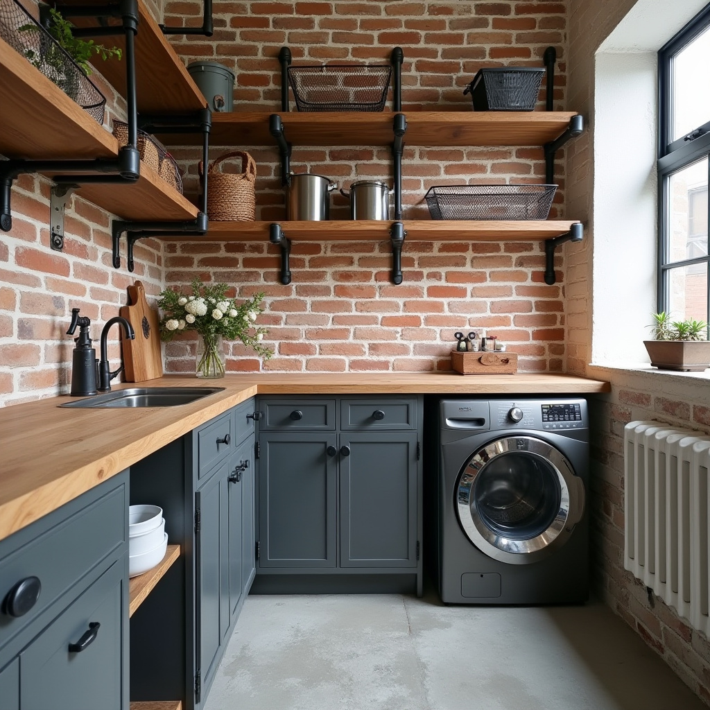 industrial style laundry room with open shelves