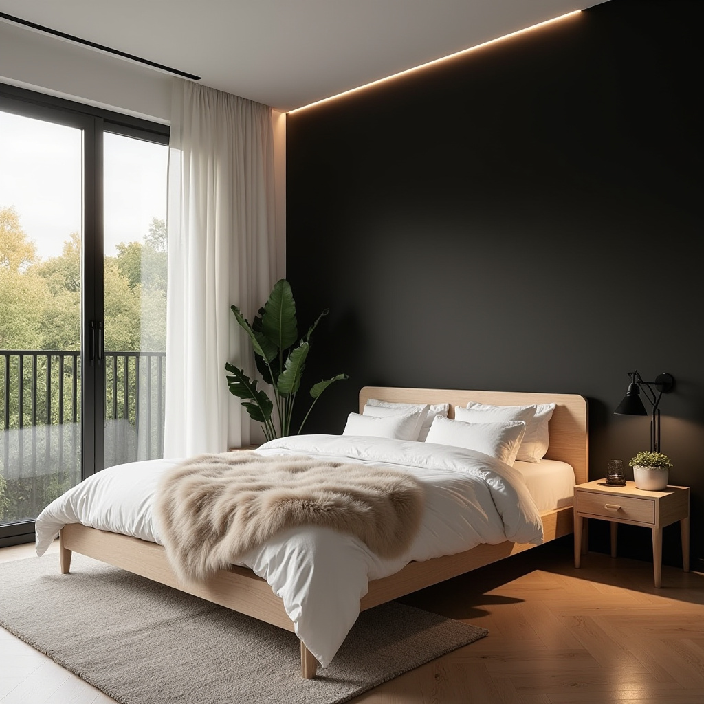 Scandinavian bedroom with black wall and LED lighting
