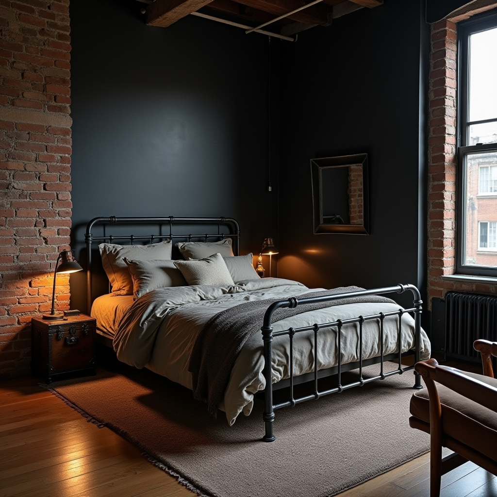 Industrial bedroom with black brick wall and vintage furniture