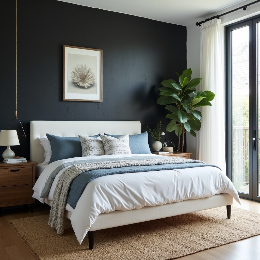 Coastal modern bedroom with black wall and driftwood art