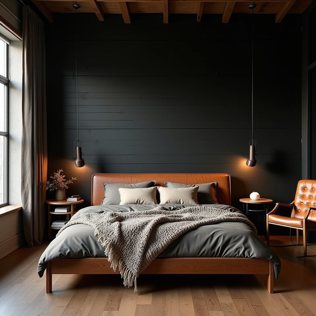 Rustic modern bedroom with reclaimed wood black wall