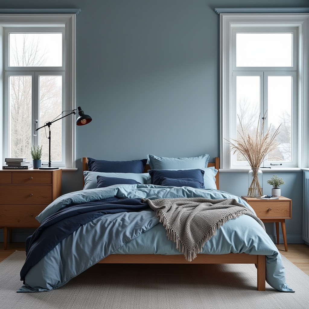 scandinavian moody blue bedroom