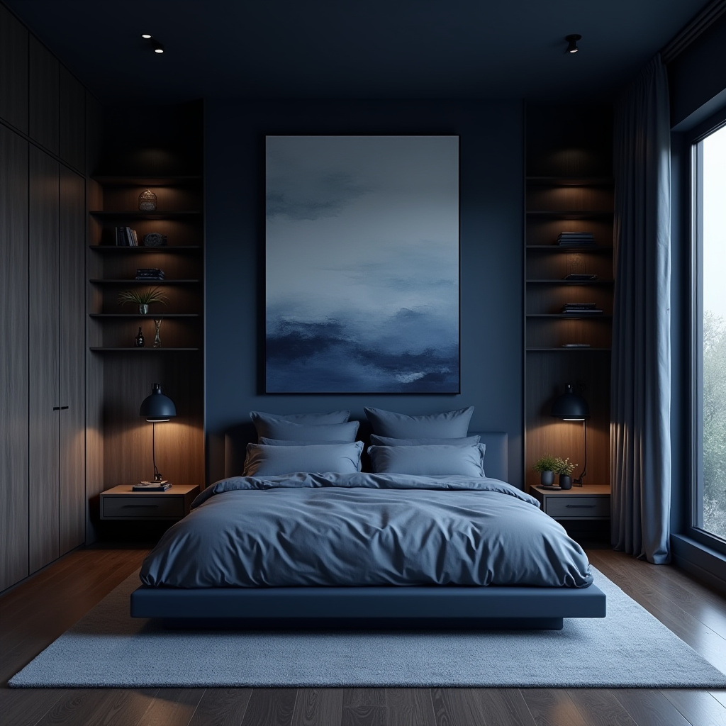 moody blue minimalist bedroom