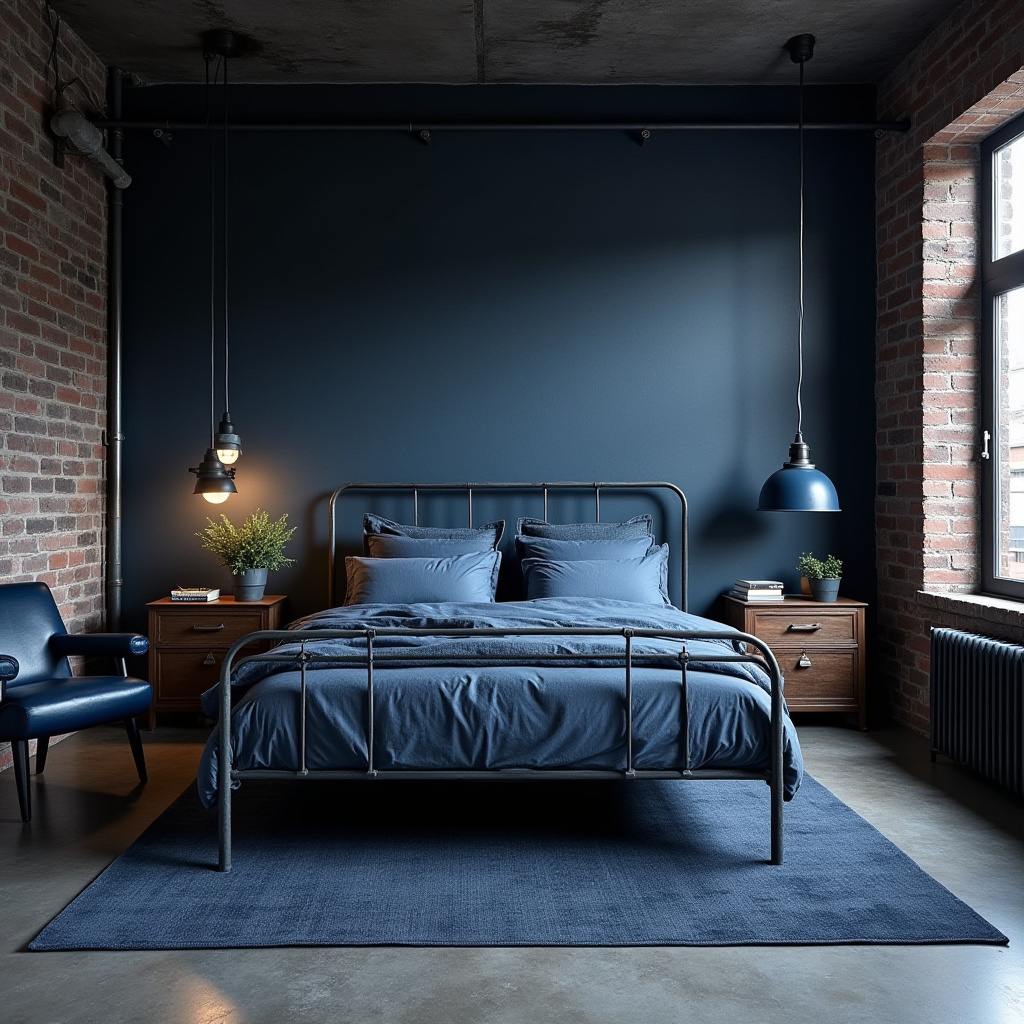 industrial moody blue bedroom