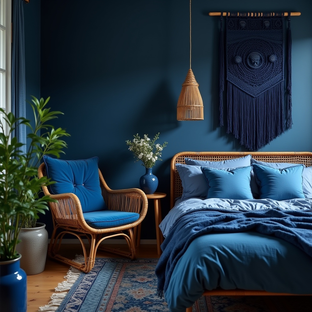 bohemian moody blue bedroom
