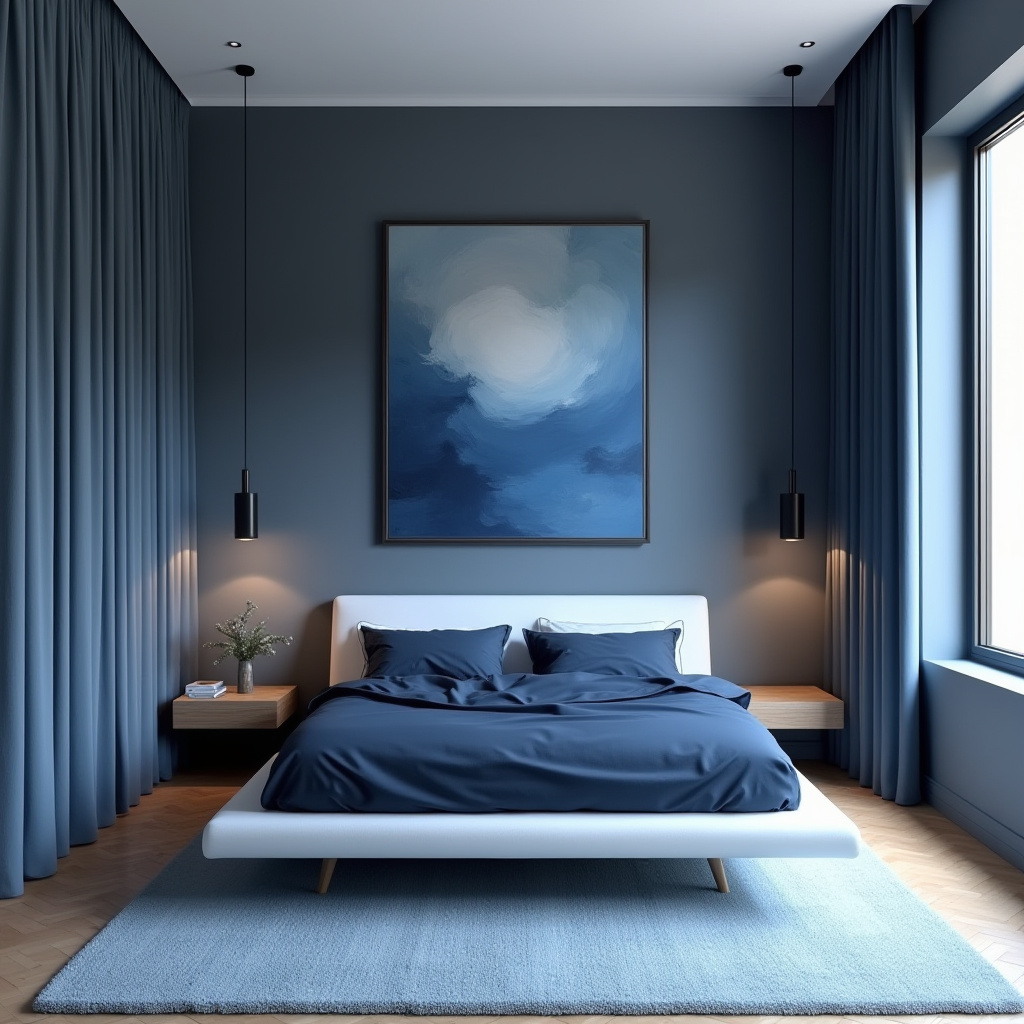 minimalist moody blue bedroom