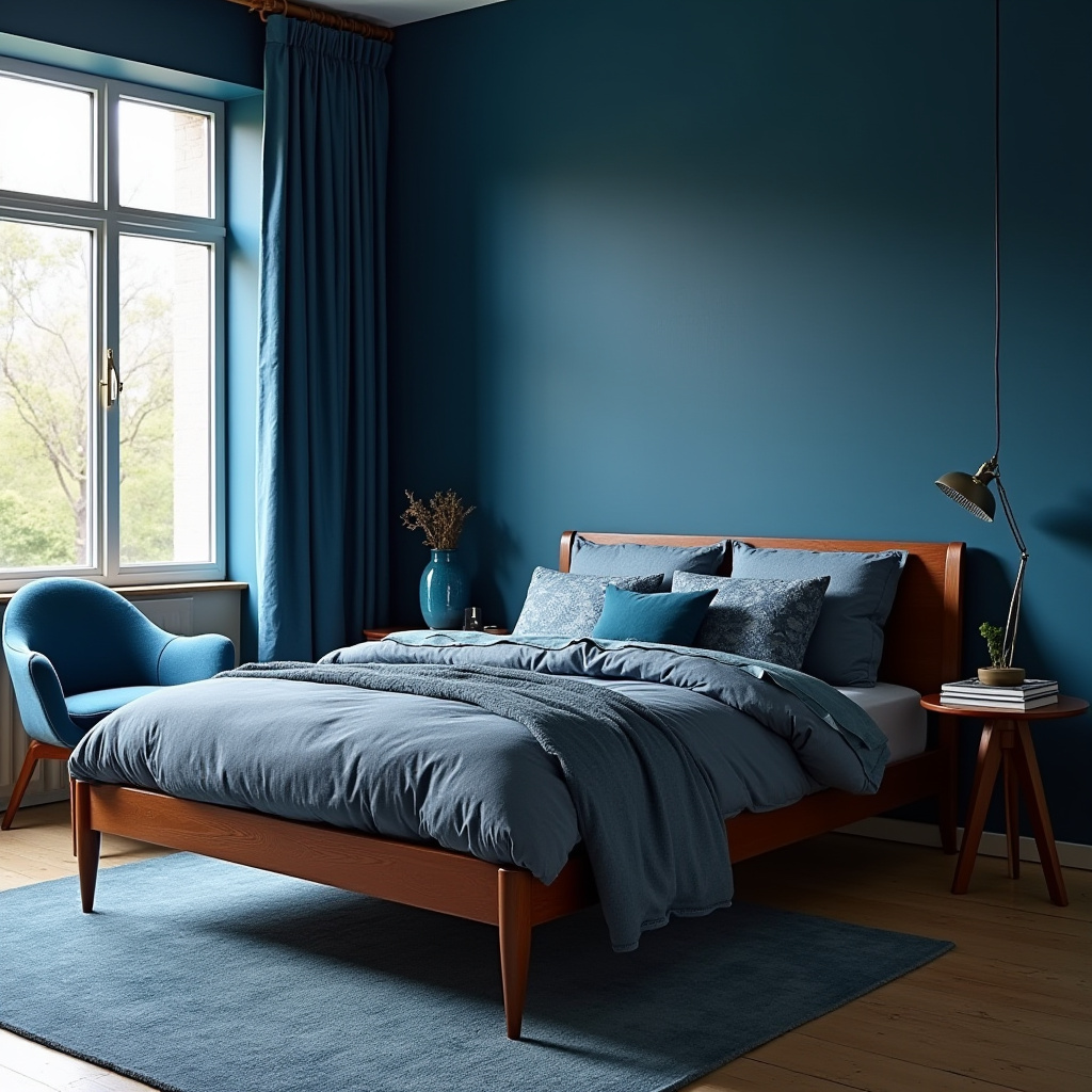 mid-century modern moody blue bedroom