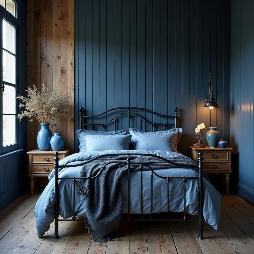 rustic moody blue bedroom
