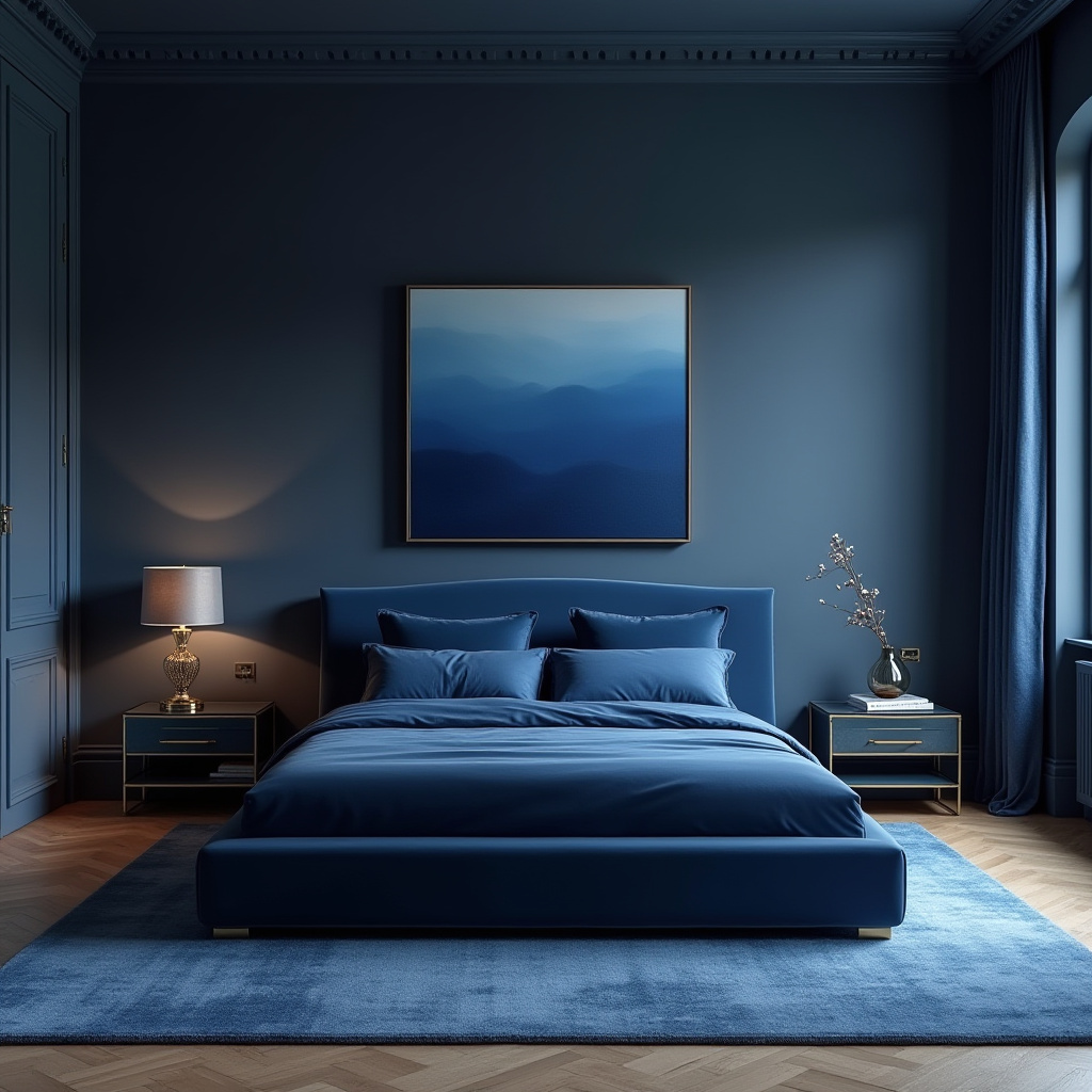 contemporary moody blue bedroom