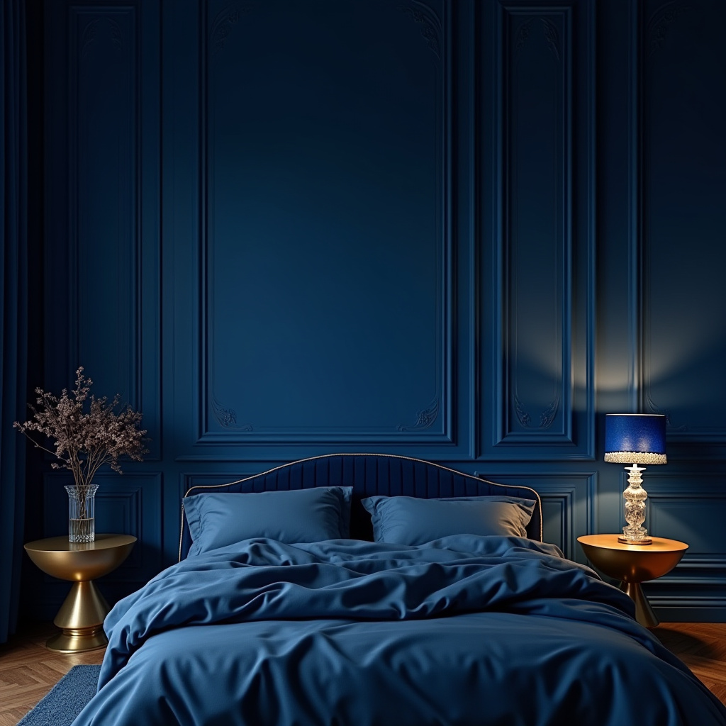 art deco moody blue bedroom