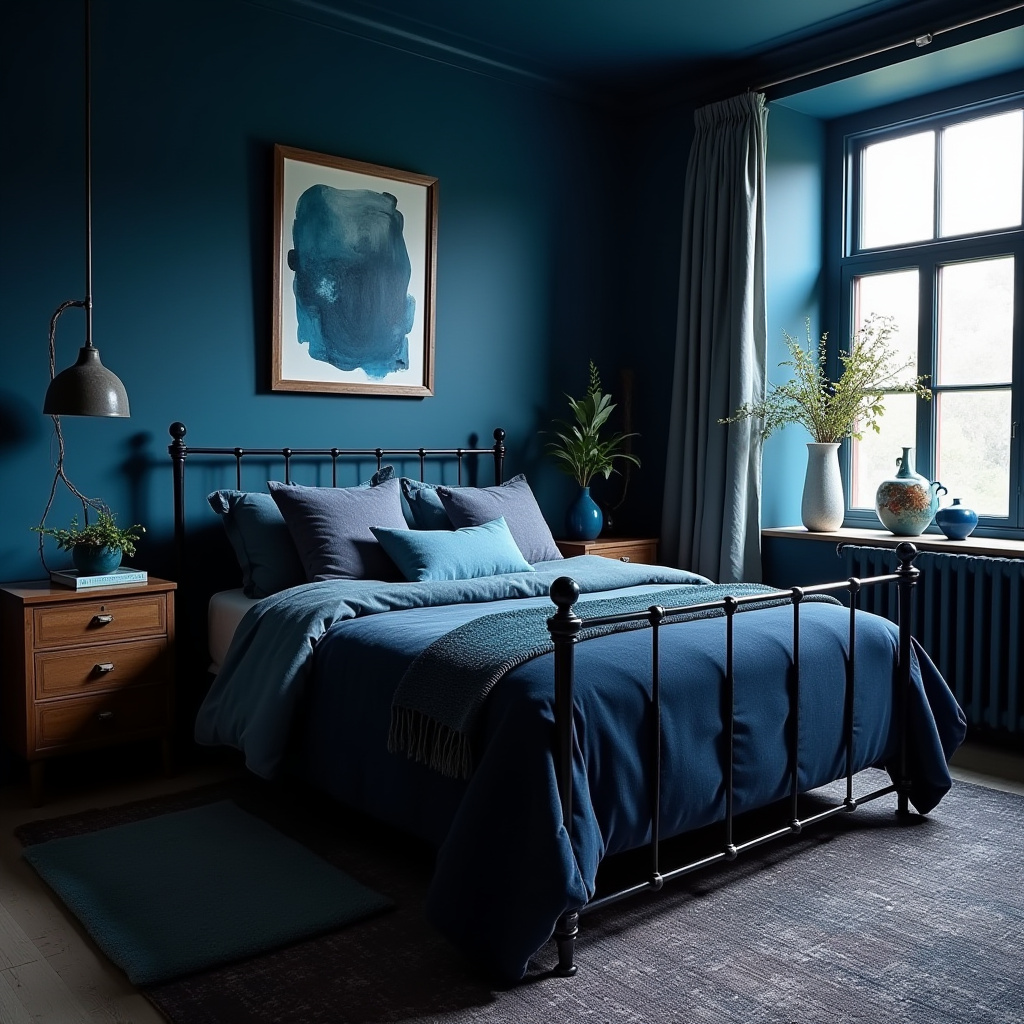 eclectic moody blue bedroom