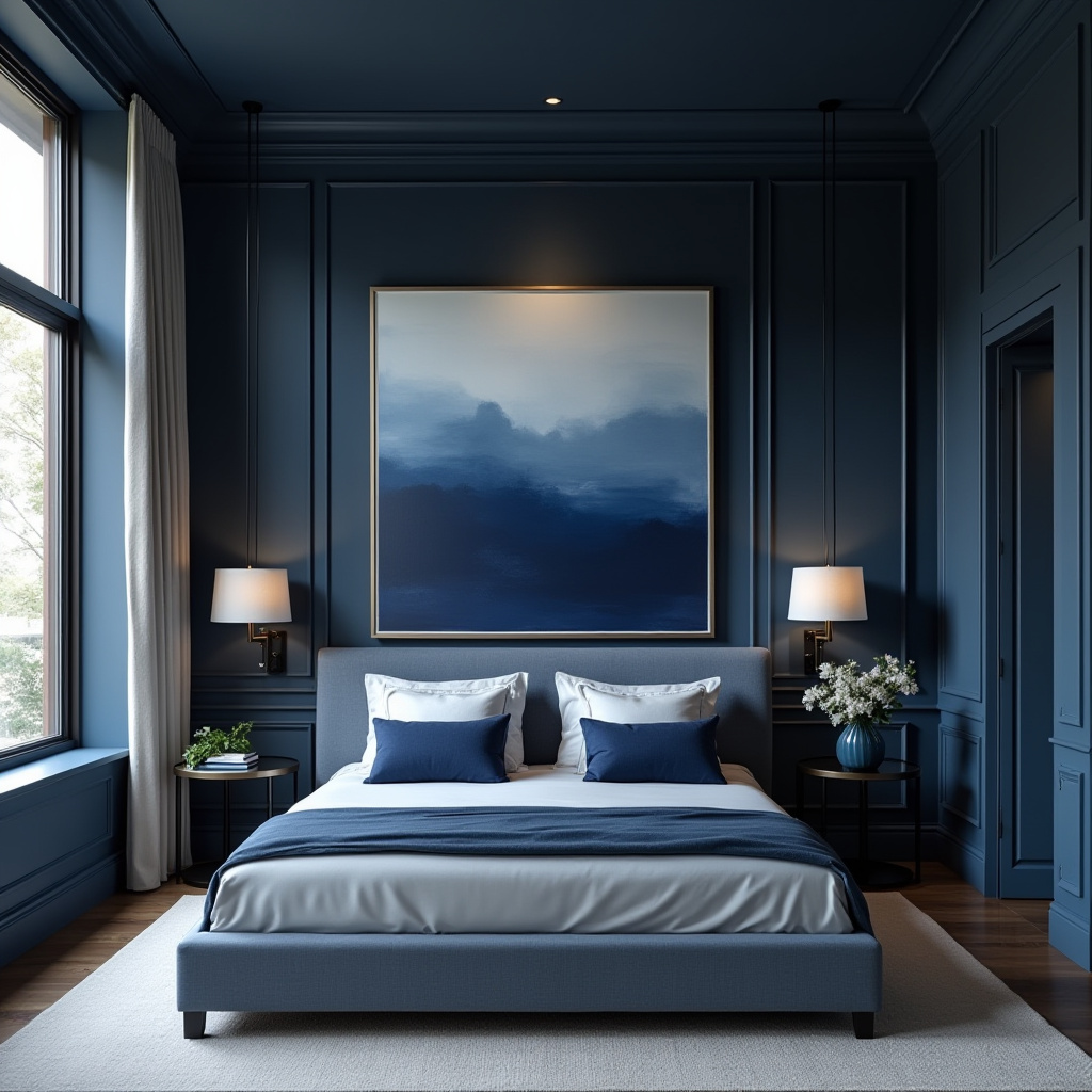 transitional moody blue bedroom