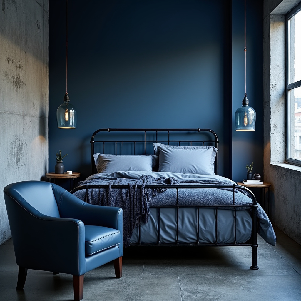 urban loft moody blue bedroom