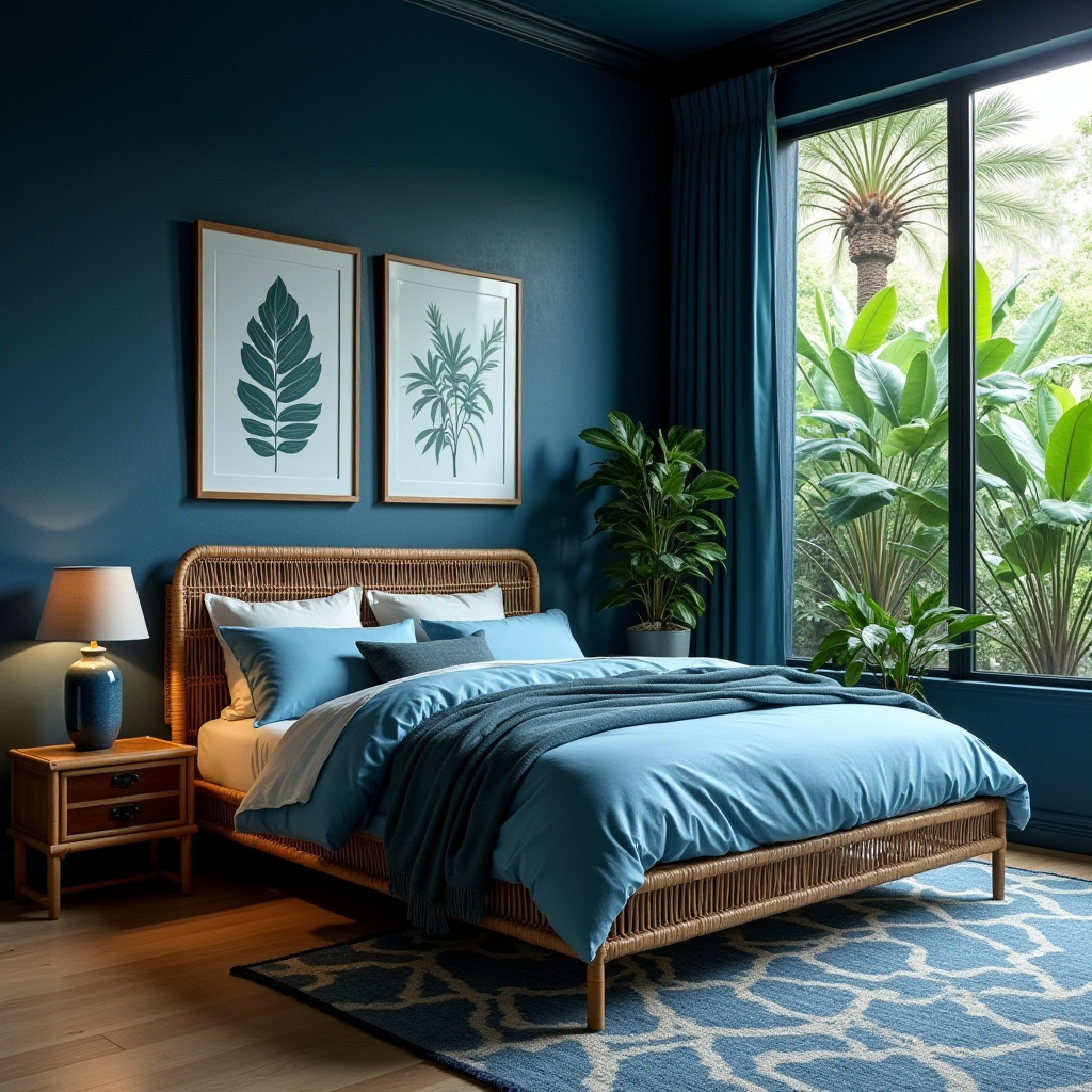 tropical moody blue bedroom