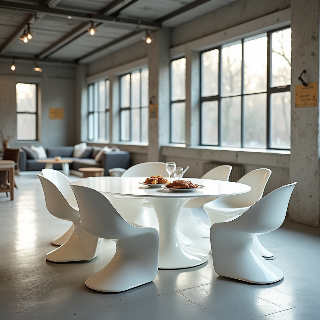 glossy white fiberglass retro-futuristic dining chairs