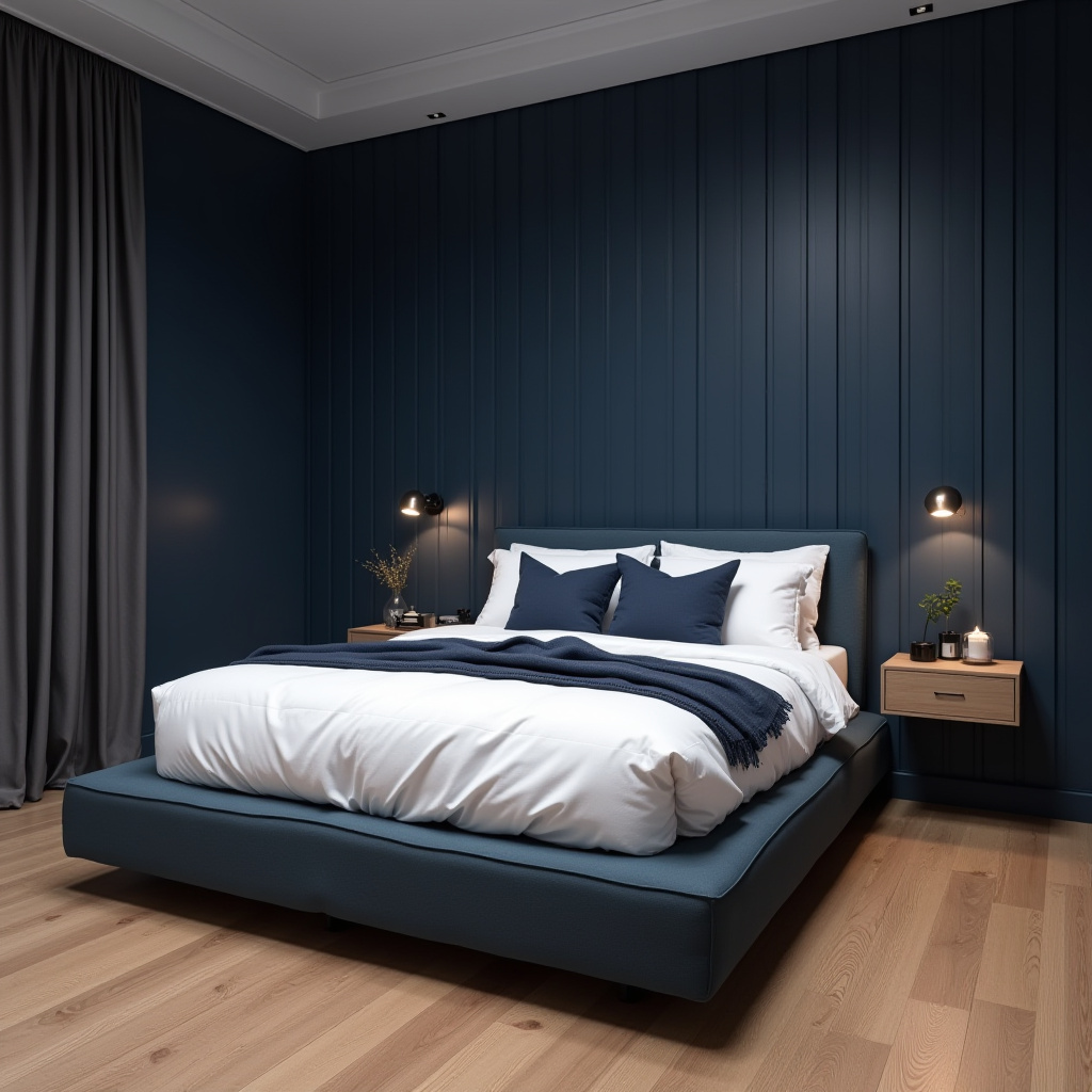 minimalist midnight blue bedroom