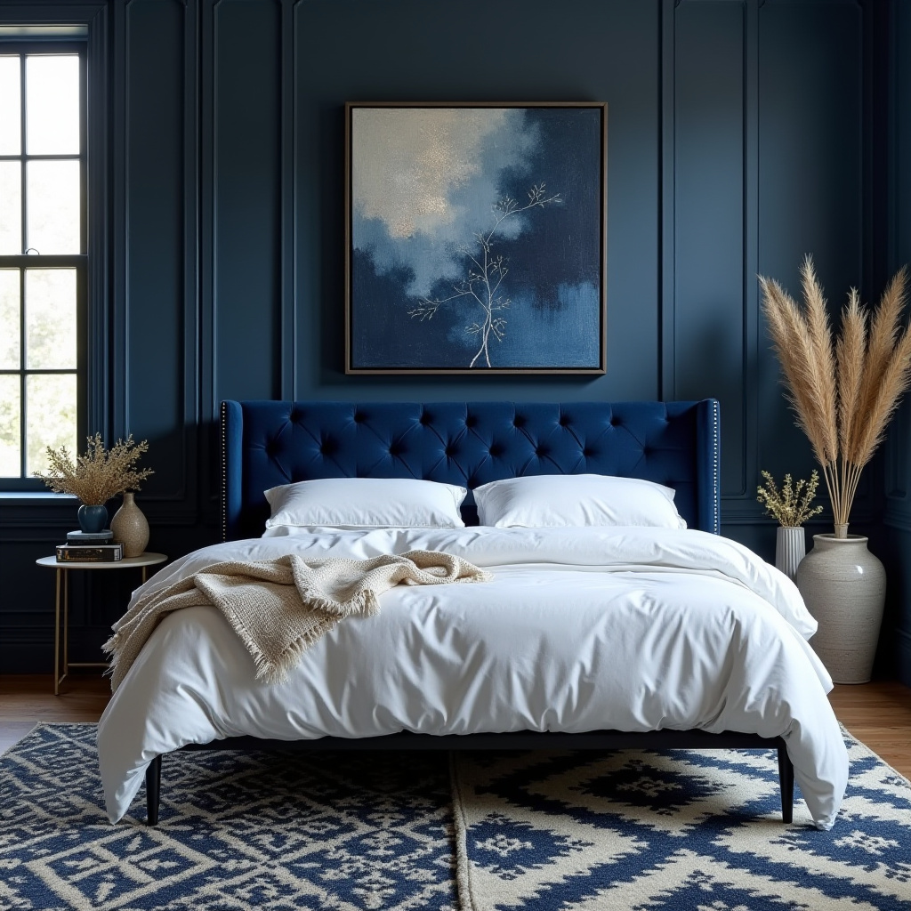 contemporary midnight blue bedroom