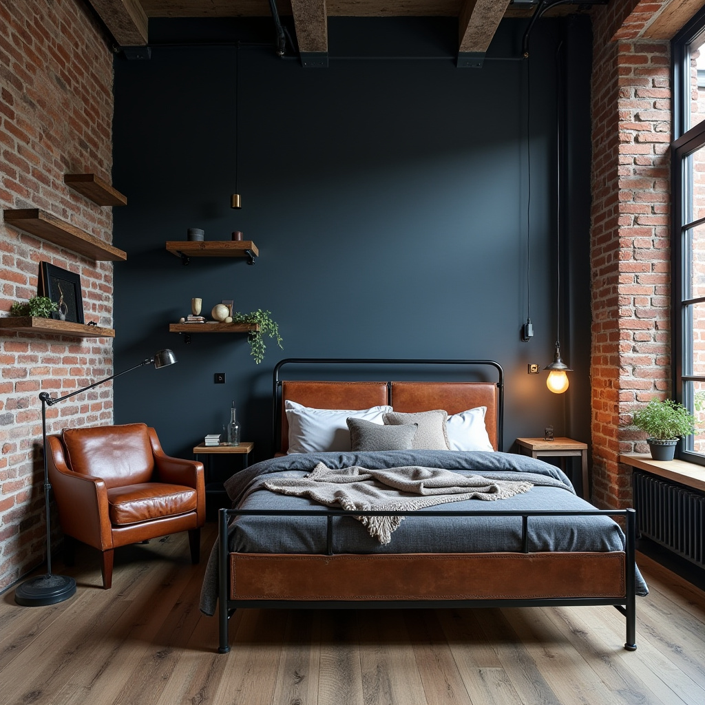 industrial midnight blue bedroom