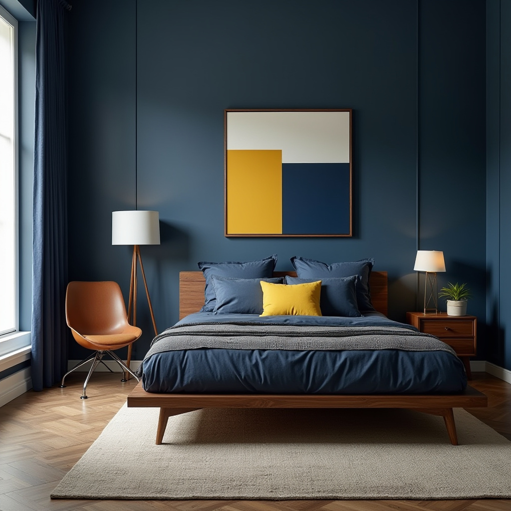 mid-century modern midnight blue bedroom
