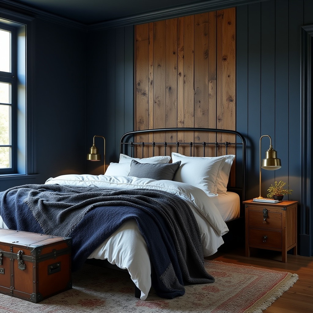 rustic midnight blue bedroom