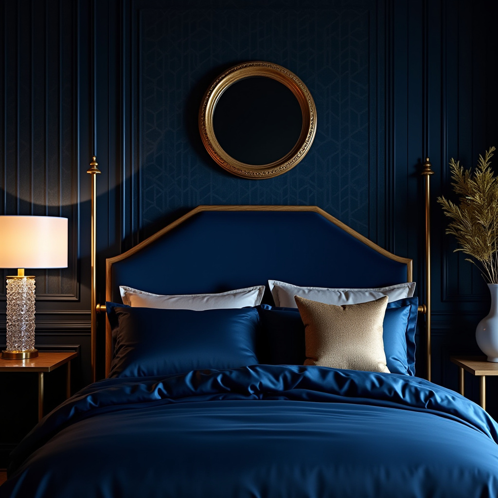 art deco midnight blue bedroom