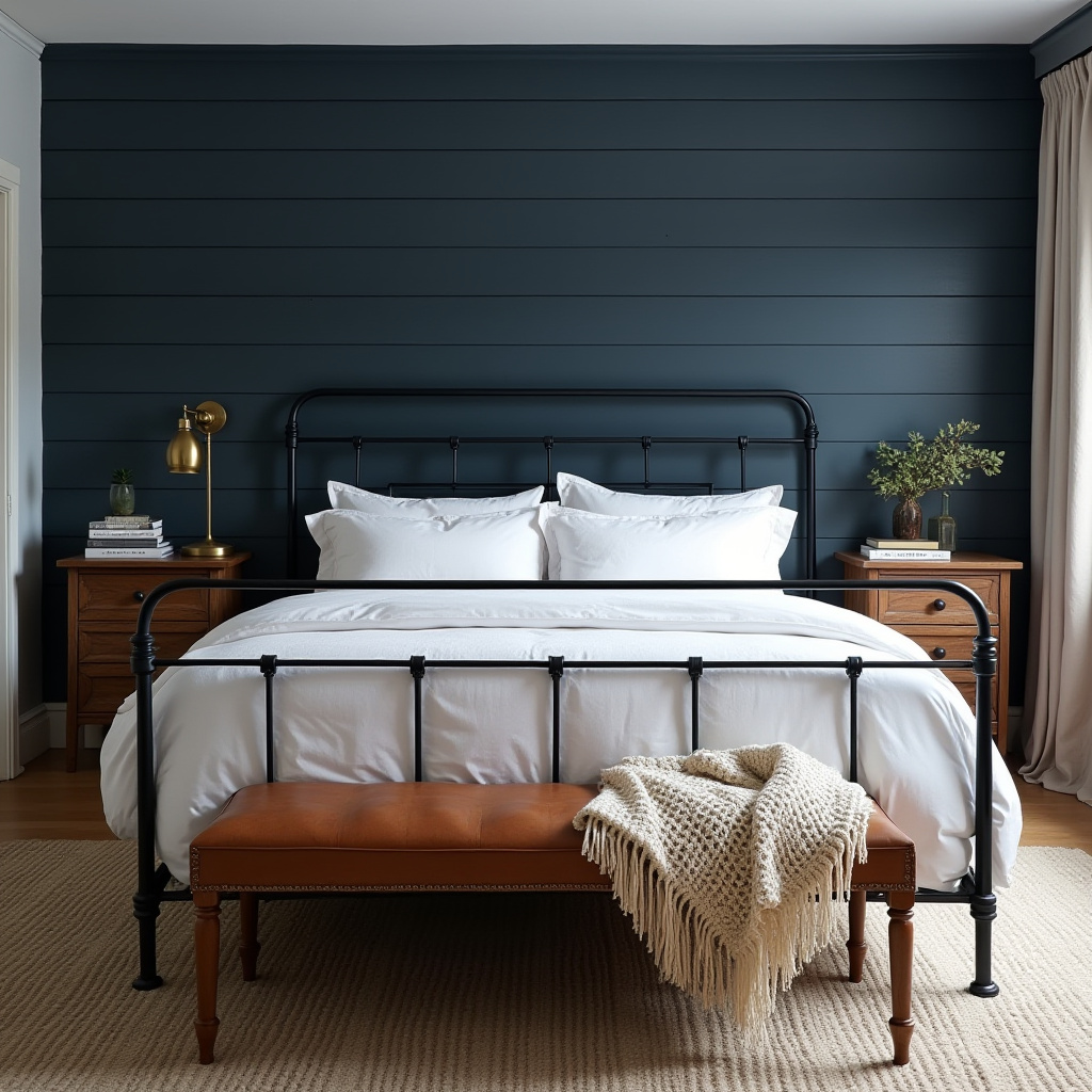 modern farmhouse midnight blue bedroom