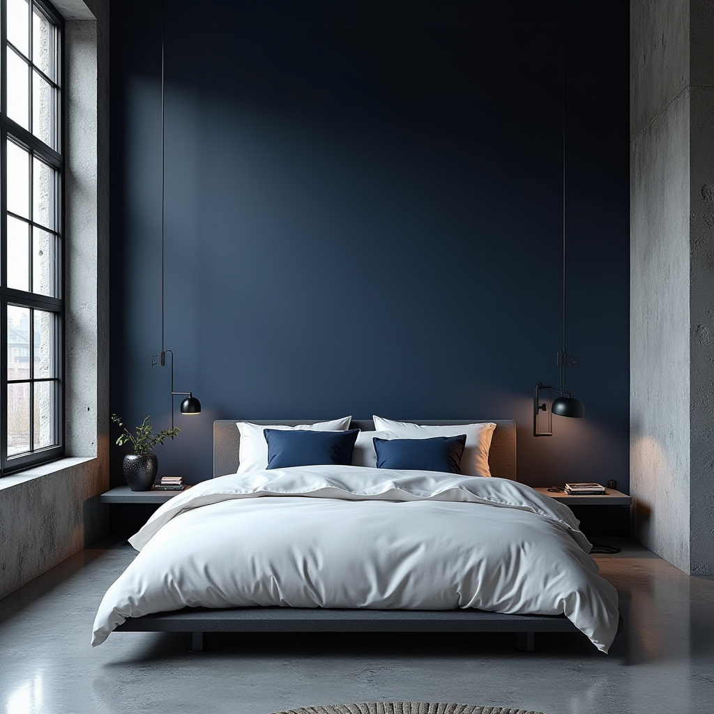 minimalist loft midnight blue bedroom