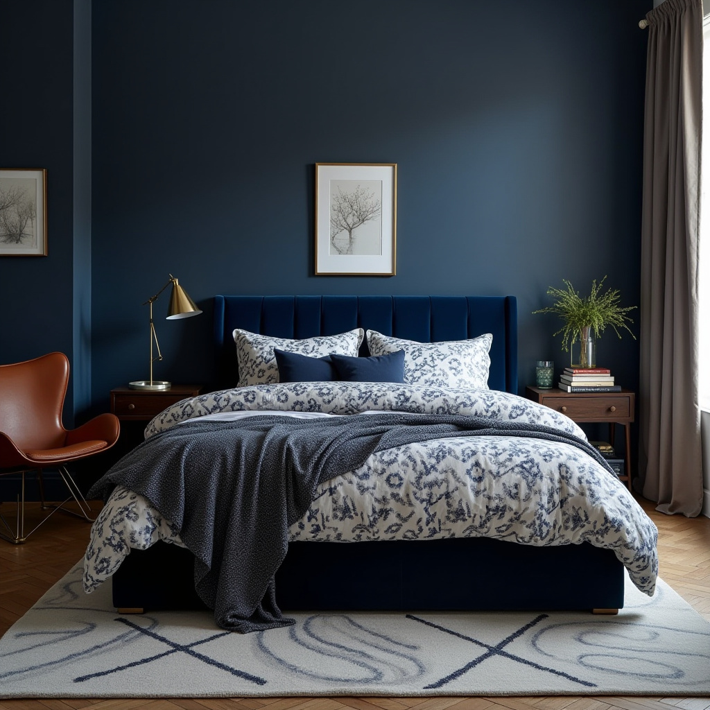 modern eclectic midnight blue bedroom
