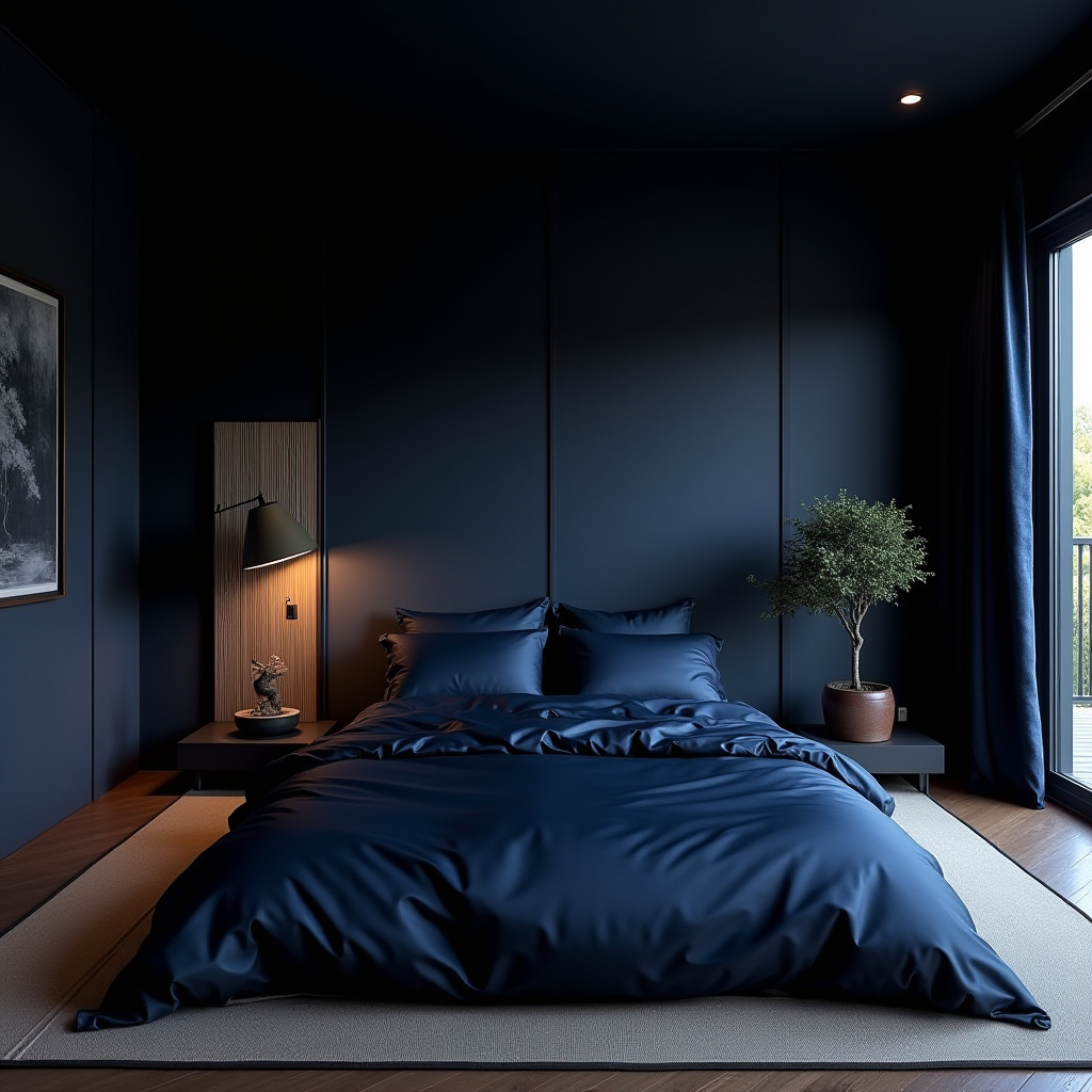 japanese inspired midnight blue bedroom