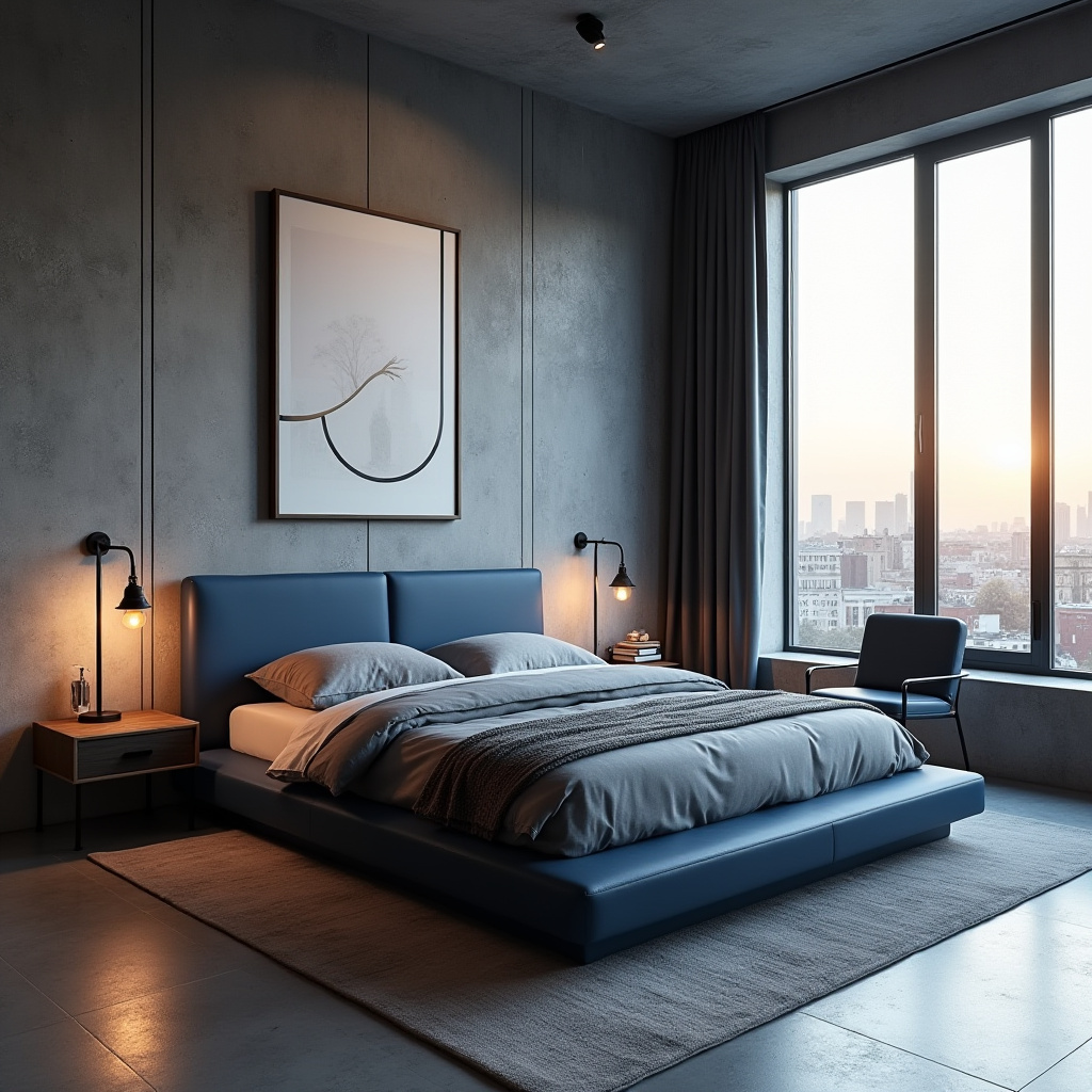 urban contemporary midnight blue bedroom