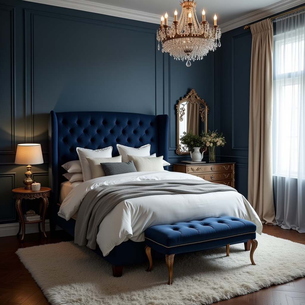 romantic midnight blue bedroom