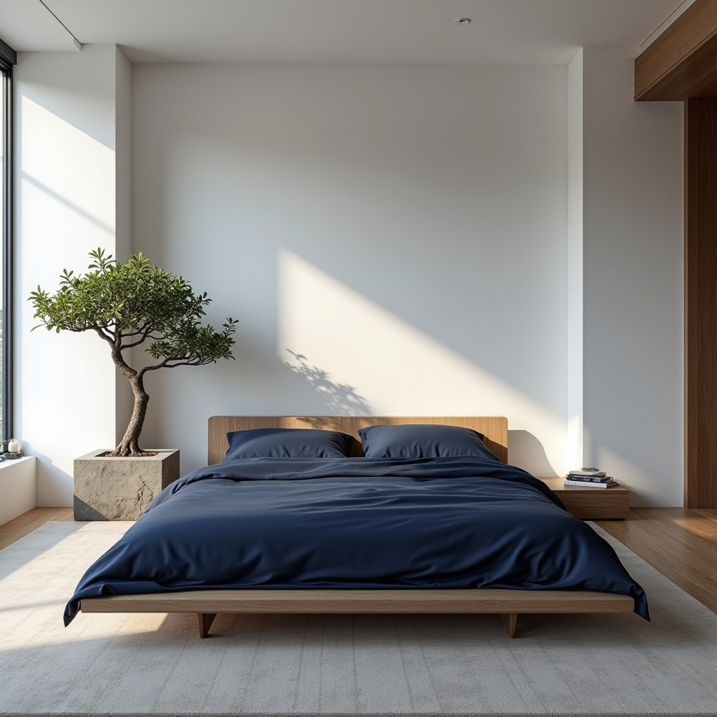minimalist zen midnight blue bedroom