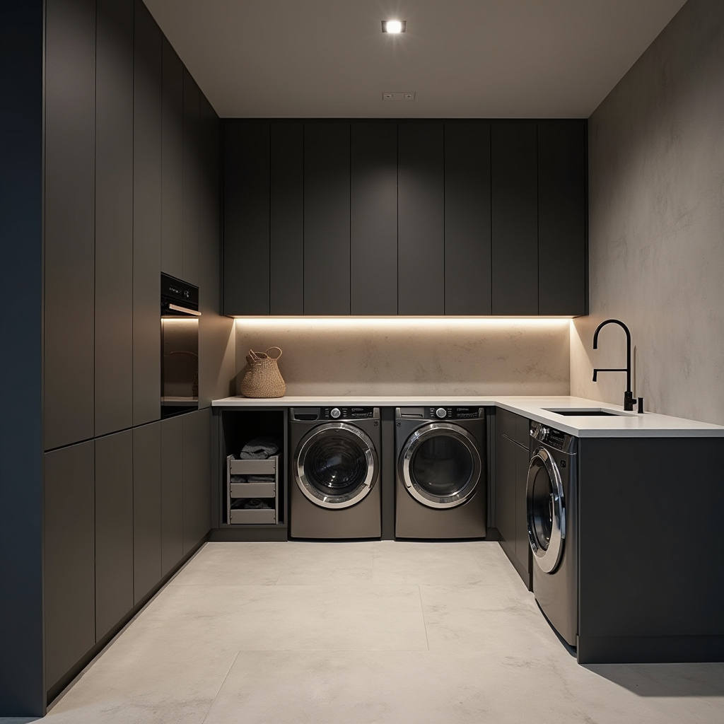 minimalist laundry room with charcoal cabinetry