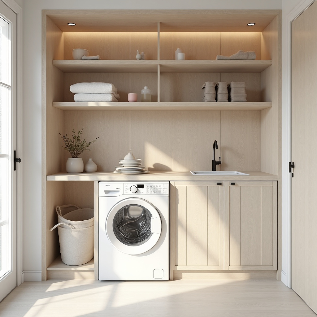 Scandinavian style laundry room with light wood paneling