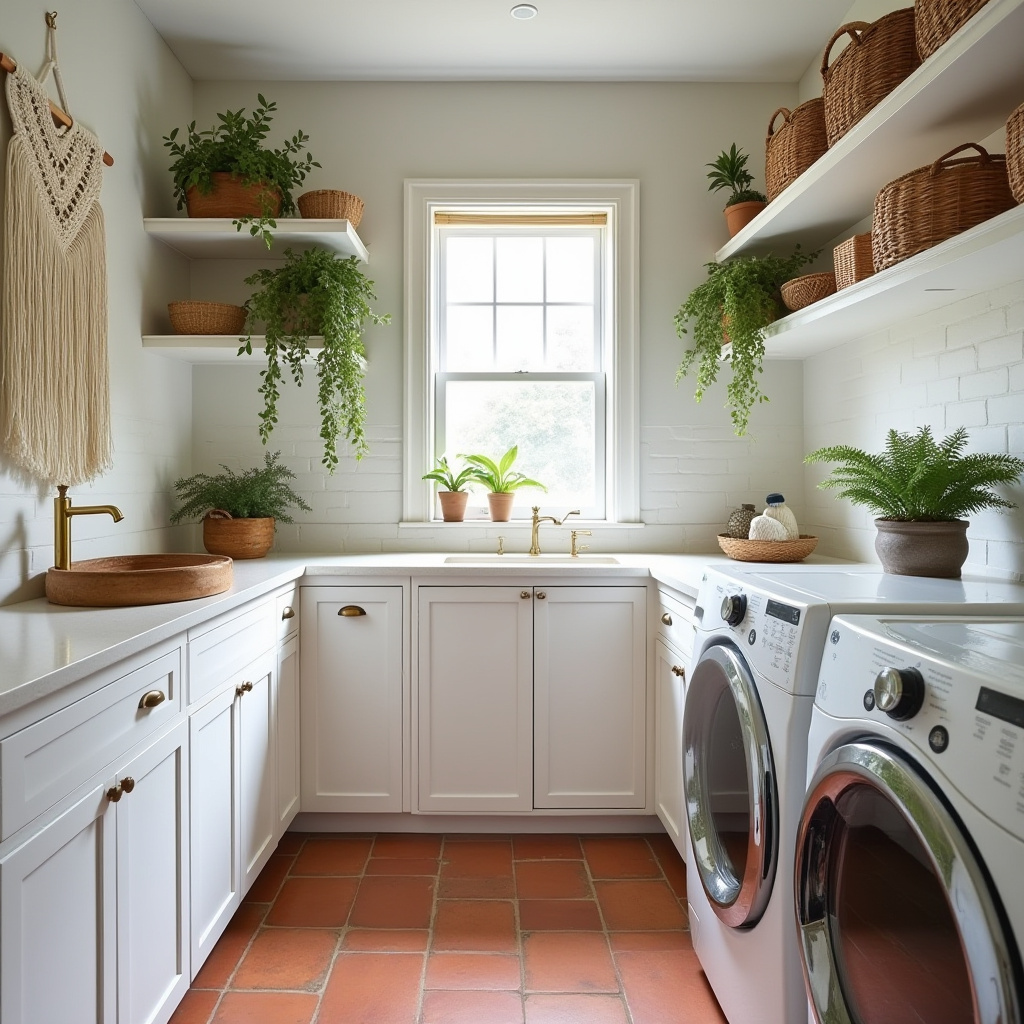 modern bohemian laundry room with terracotta tiles