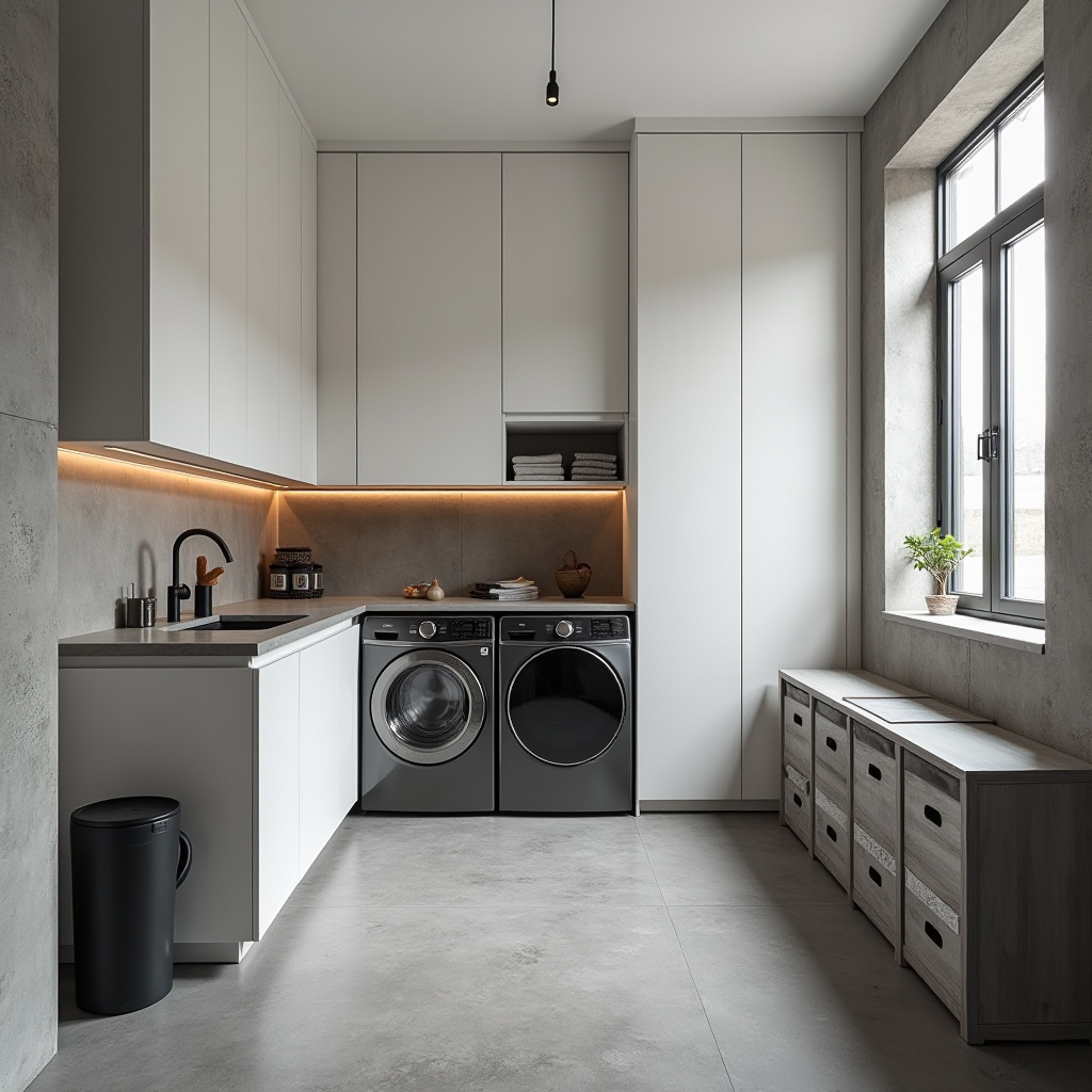 contemporary laundry room with grey concrete floors