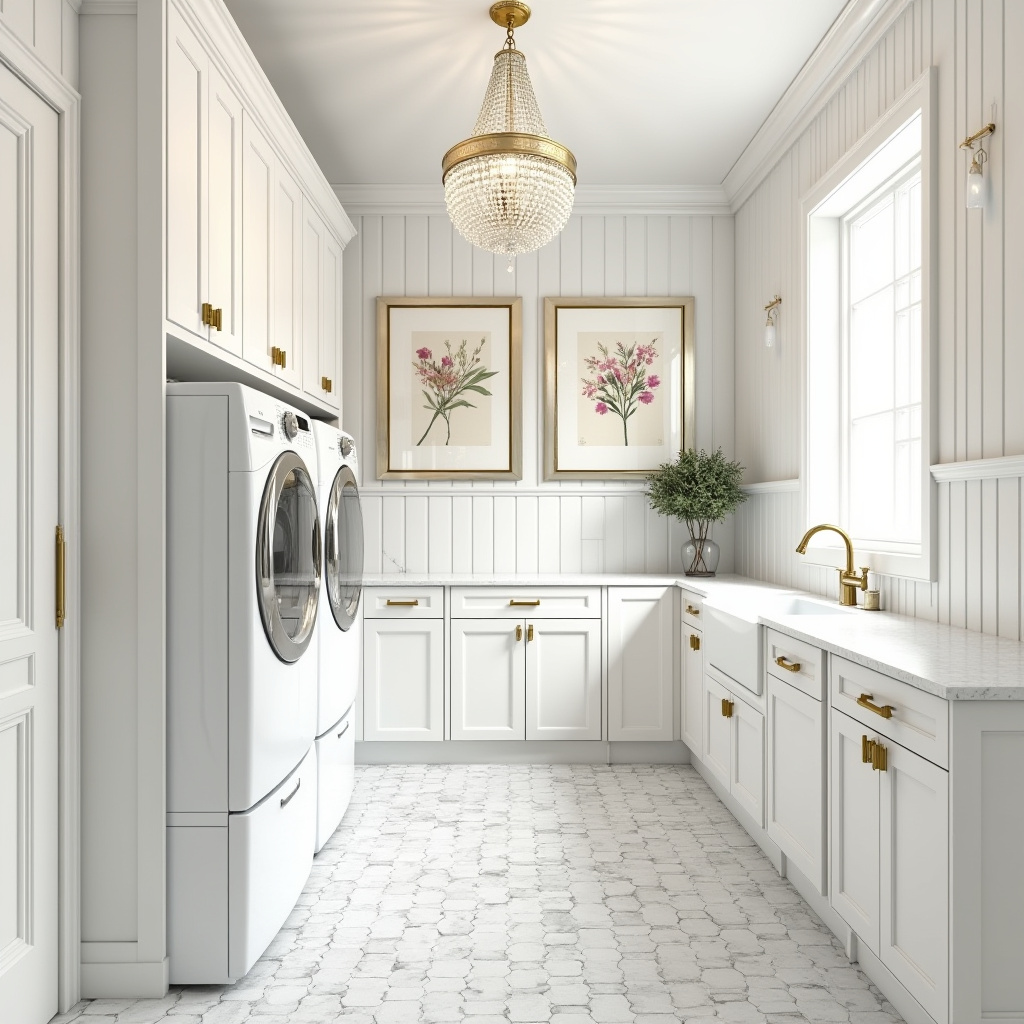 traditional laundry room with beadboard cabinetry